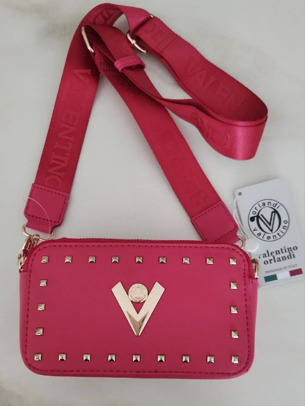 Valentino Pink Studded Crossbody Camera Bag with Branded Strap